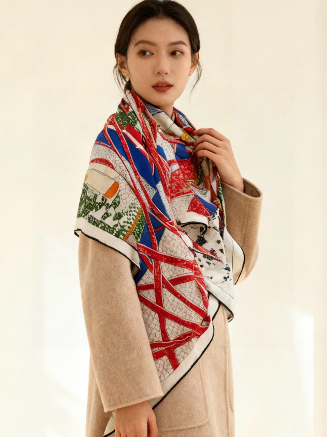 HM 25s Essential Scarf 140cm Red Colorful Cashmere Silk 967422