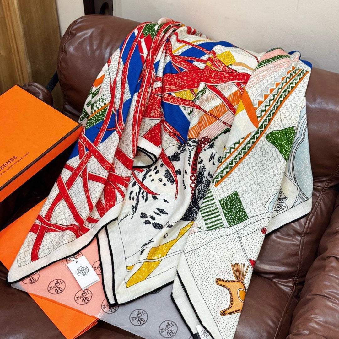 HM 25s Essential Scarf 140cm Red Colorful Cashmere Silk 967422