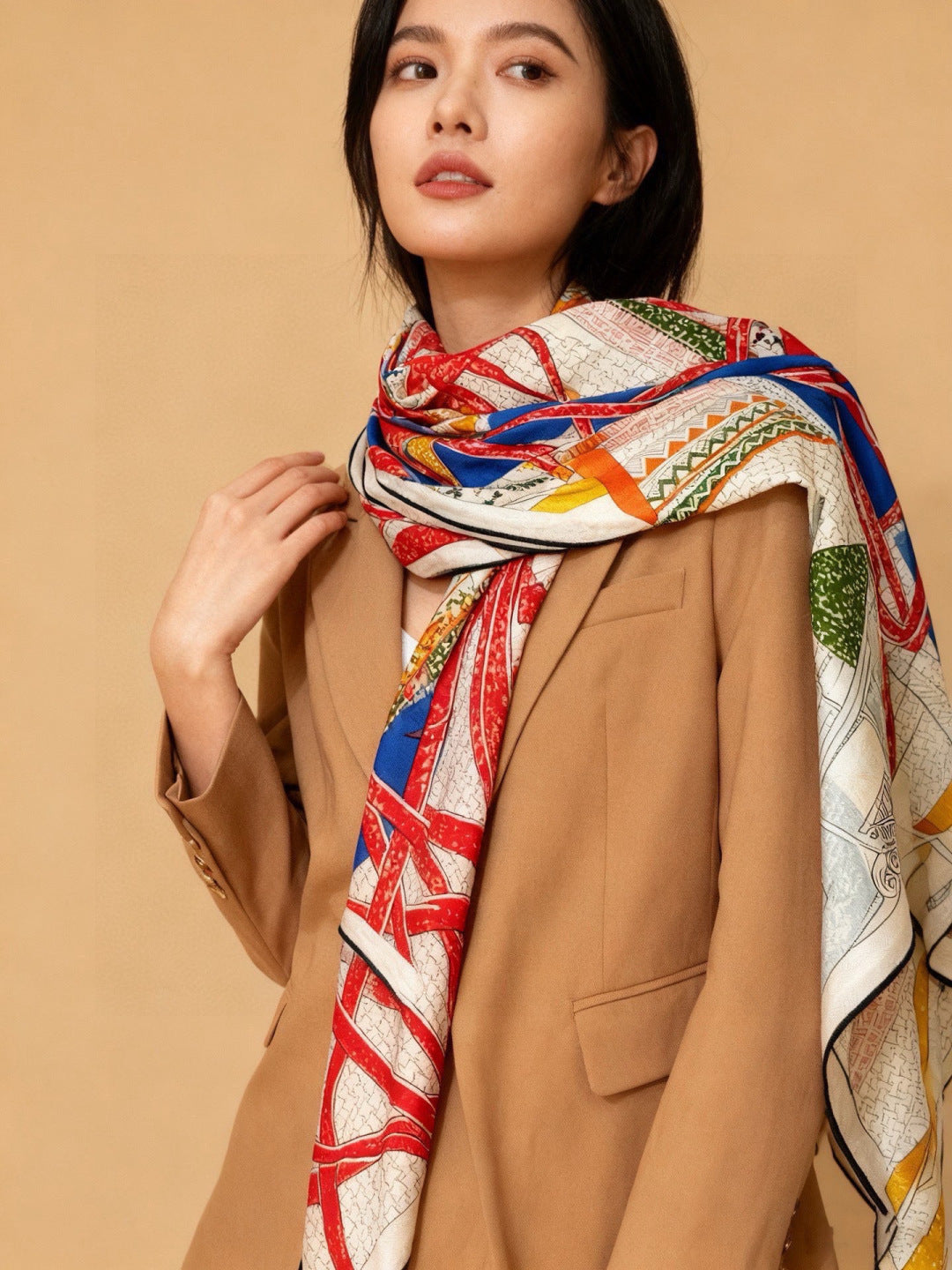 HM 25s Essential Scarf 140cm Red Colorful Cashmere Silk 967422