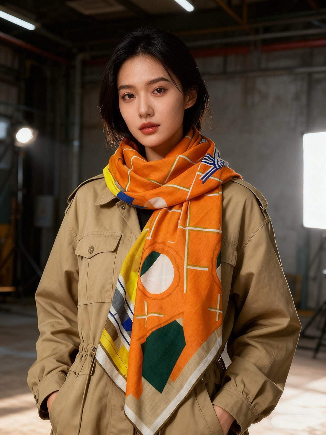 HM 25s Checkered Horse Scarf 140cm Orange Yellow Cashmere Silk 970932