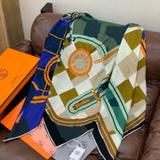 HM 25s Checkered Horse Scarf 140cm Green Blue Beige Cashmere Silk970933