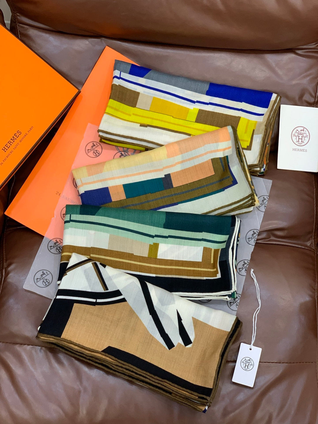 HM 25s Checkered Horse Scarf 140cm Green Blue Beige Cashmere Silk970933