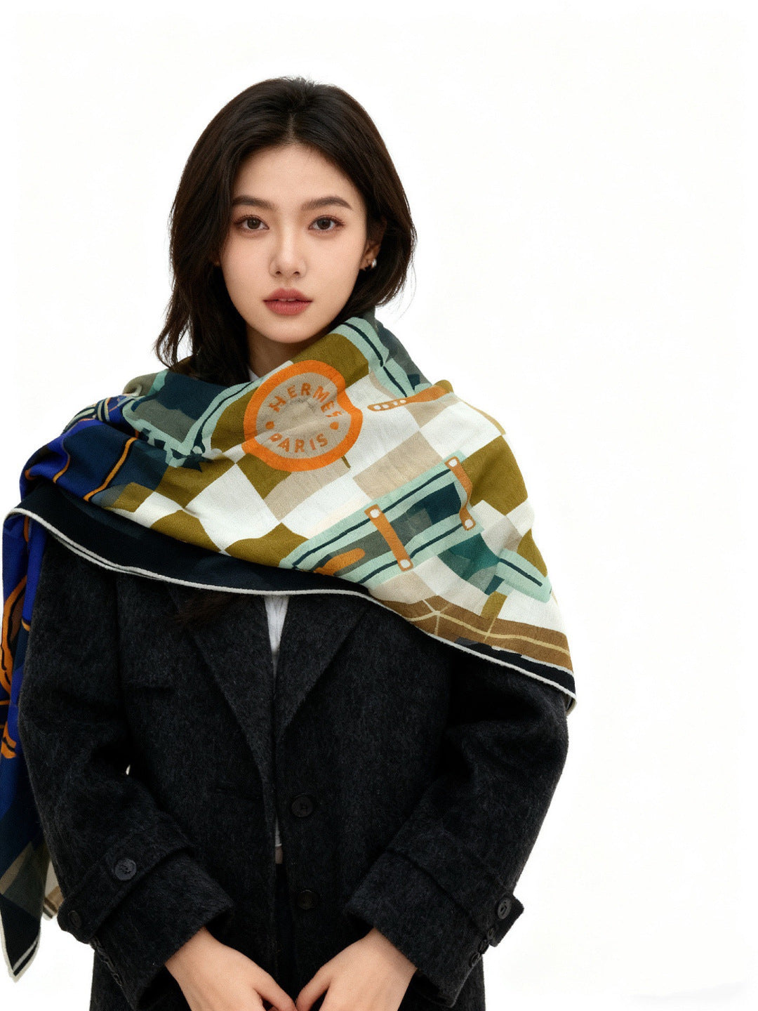 HM 25s Checkered Horse Scarf 140cm Green Blue Beige Cashmere Silk970933