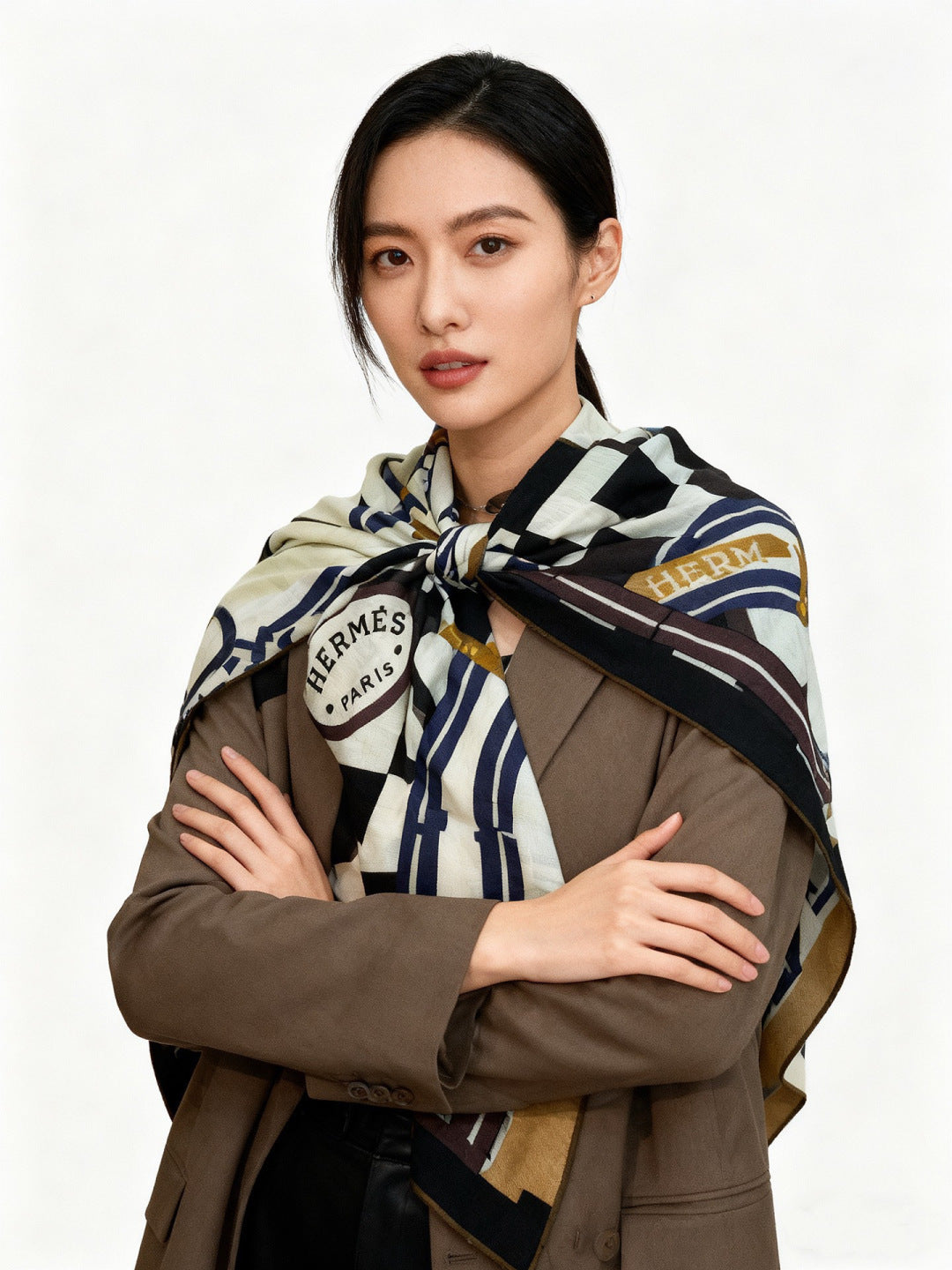 HM 25s Checkered Horse Scarf 140cm Blach White Cashmere Silk 970934