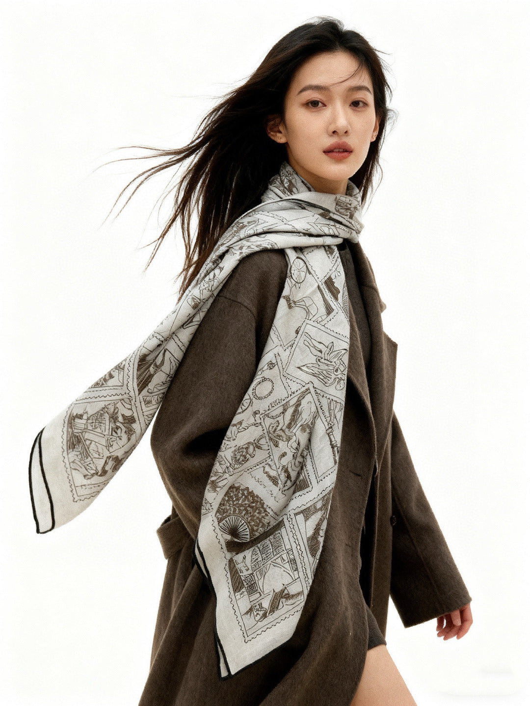 HM 25s Velvet Square Scarf 140cm Light Brown White Cashmere Silk 970936