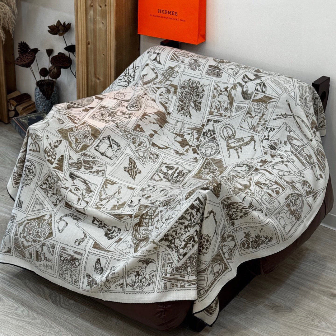 HM 25s Velvet Square Scarf 140cm Light Brown White Cashmere Silk 970936