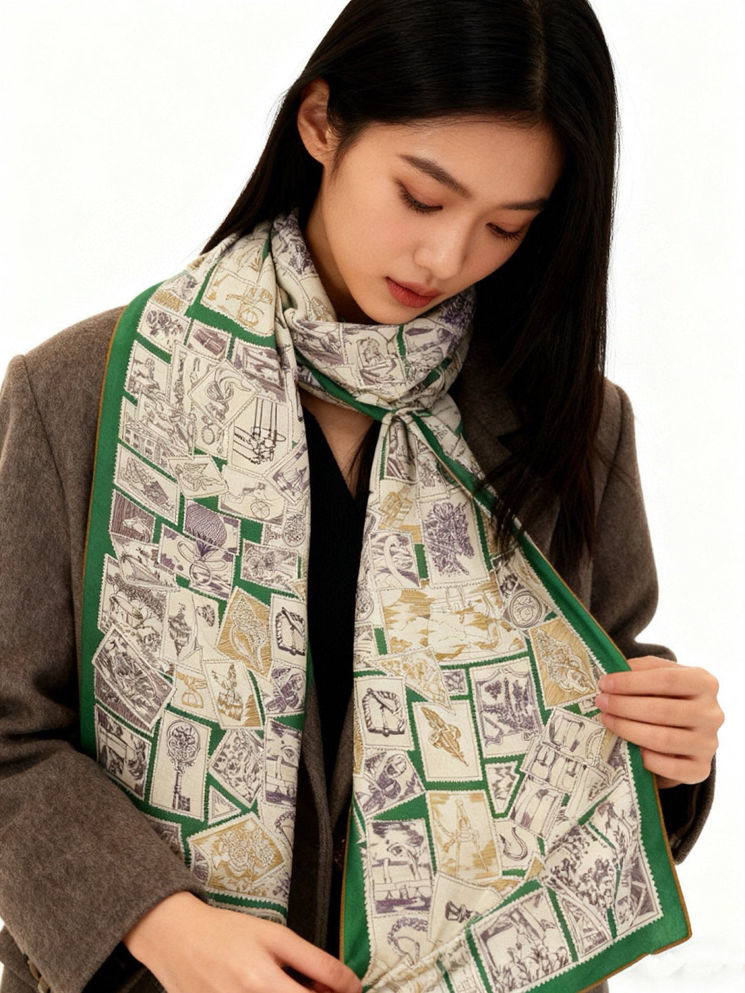 HM 25s Velvet Square Scarf 140cm Light Beige Green Cashmere Silk 970937