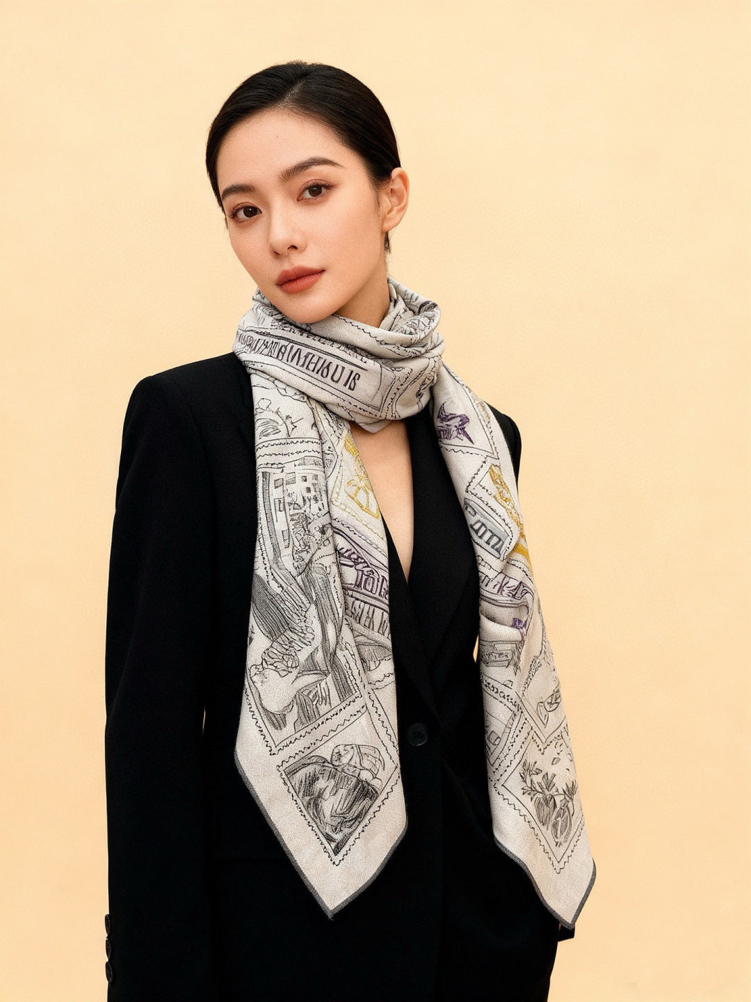 HM 25s Velvet Square Scarf 140cm Blue White Black Cashmere Silk 970939