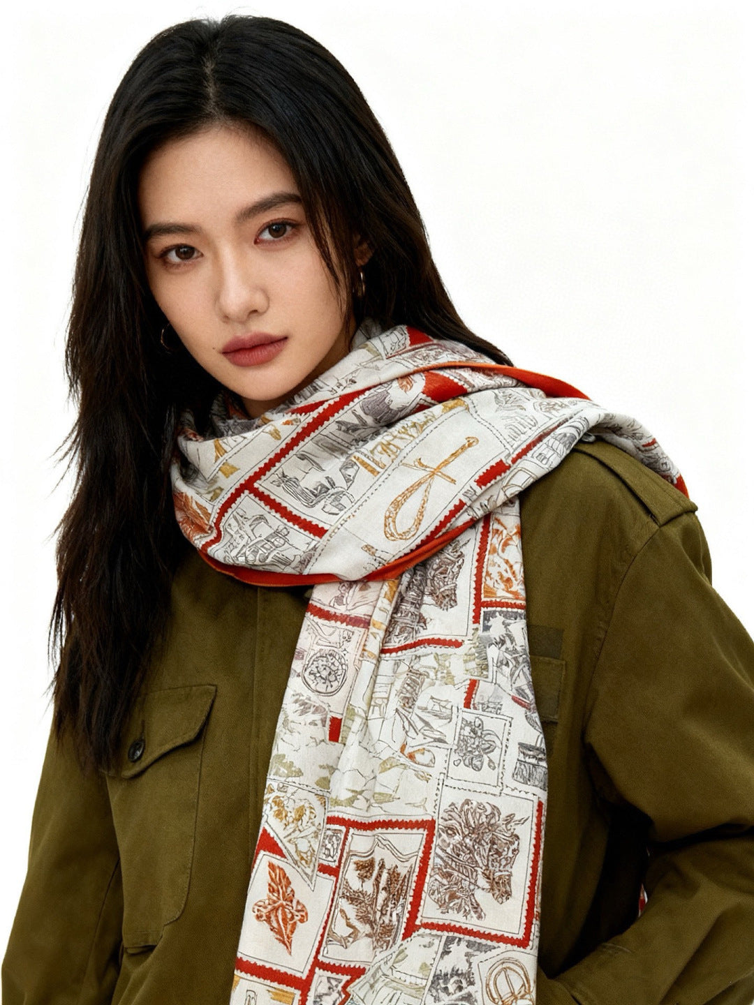 HM 25s Velvet Square Scarf 140cm Orange White Black Cashmere Silk 970940