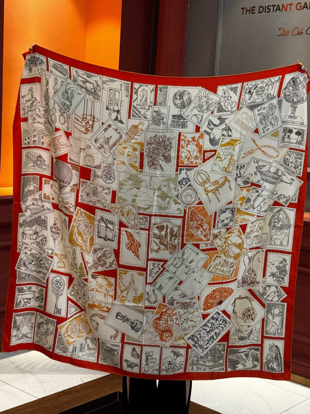 HM 25s Velvet Square Scarf 140cm Orange White Black Cashmere Silk 970940