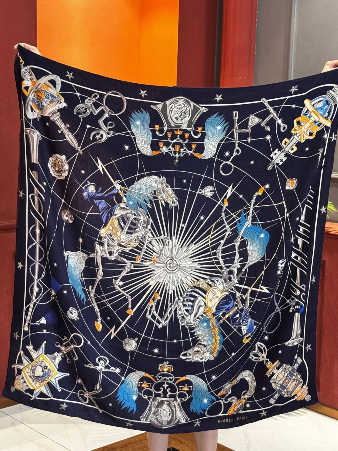 HM Starry Night Chorus Scarf 140cm Navy Blue Beige Cashmere 970970