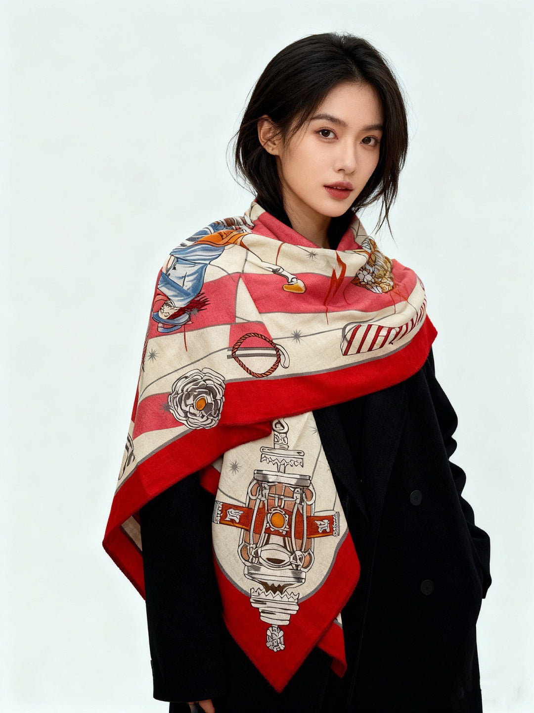 HM Starry Night Chorus Scarf 140cm Red Beige Cashmere 970971