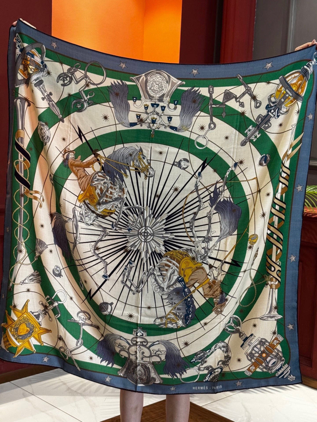 HM Starry Night Chorus Scarf 140cm Green Beige Cashmere 970972