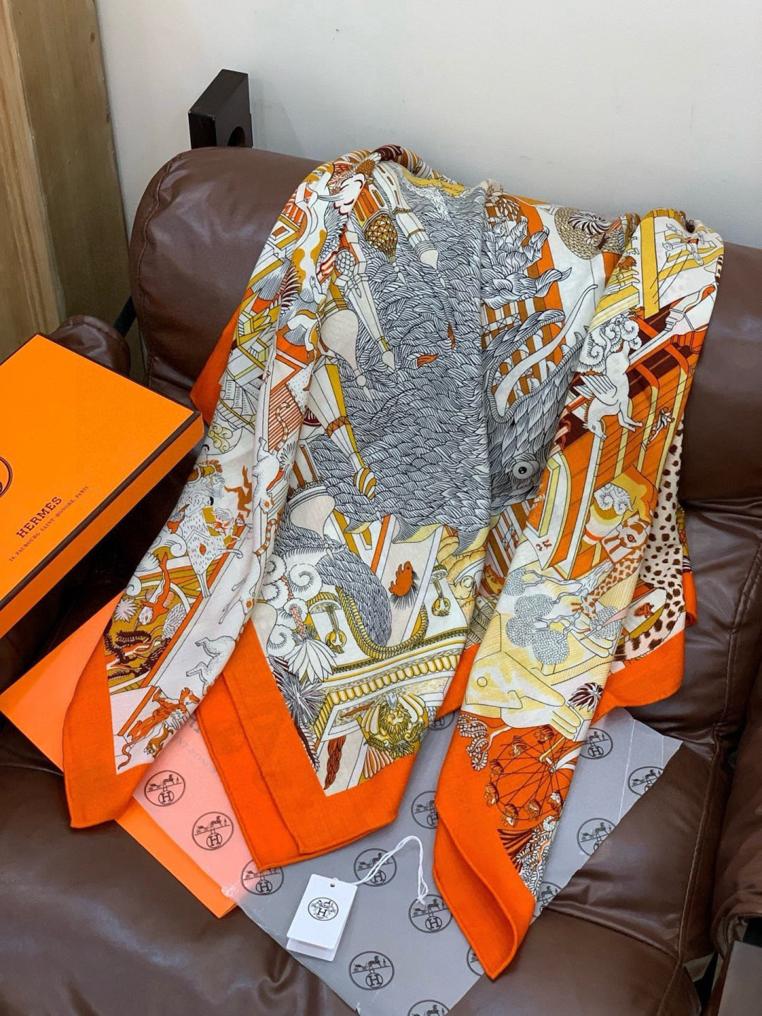 HM 25s The King Scarf 140cm Orange Multicolor Cashmere 973041