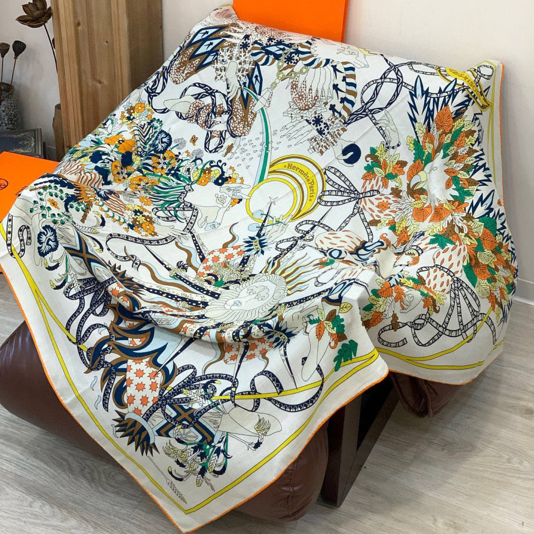 HM 25s The King Scarf 140cm White Blue Colorful Cashmere 973054