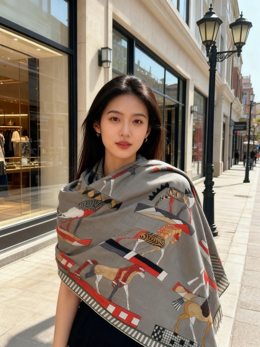 HM 25s Scarf 140cm Gray Colorful Cashmere 973081