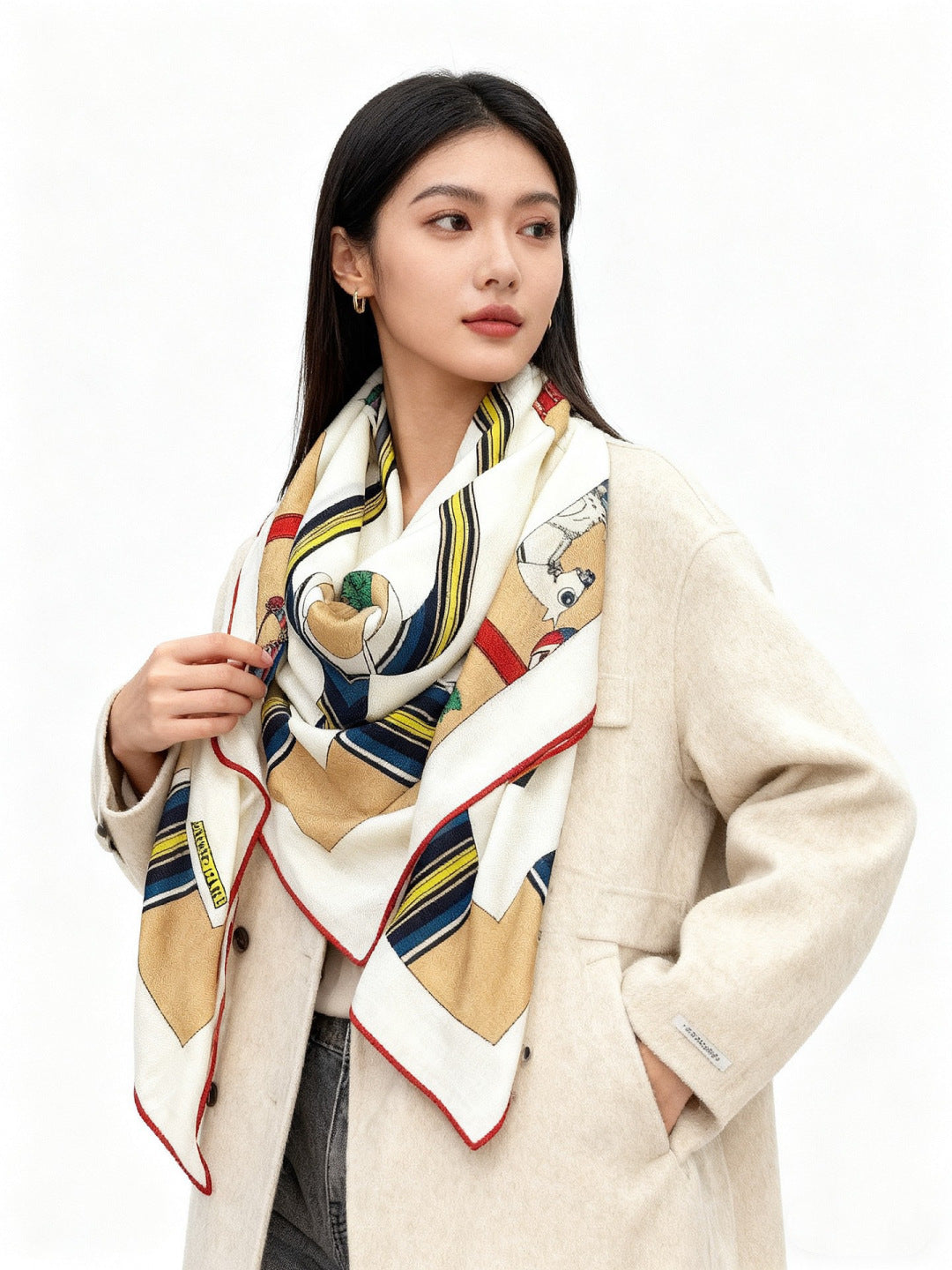 HM 25s Golden Spurs Scarf 140cm White Beige Cashmere 976282