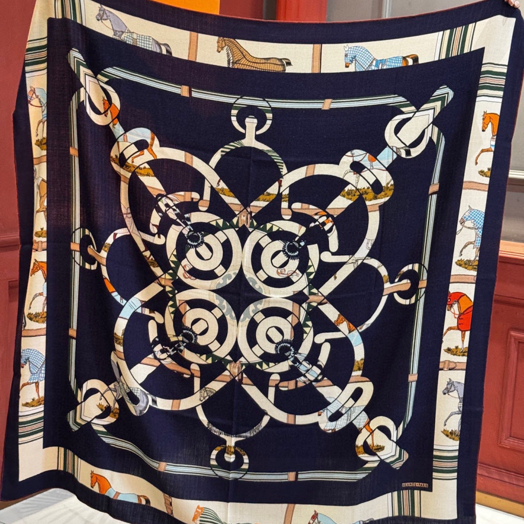 HM 25s Golden Spurs Scarf 140cm Navy Blue Cashmere 976283