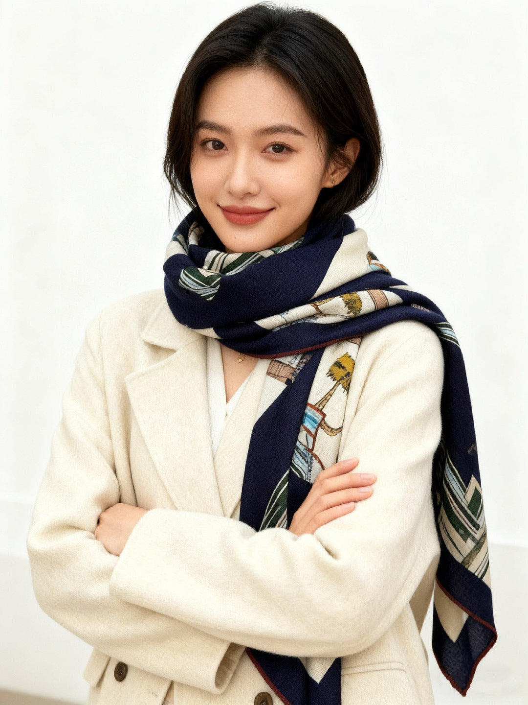 HM 25s Golden Spurs Scarf 140cm Navy Blue Cashmere 976283