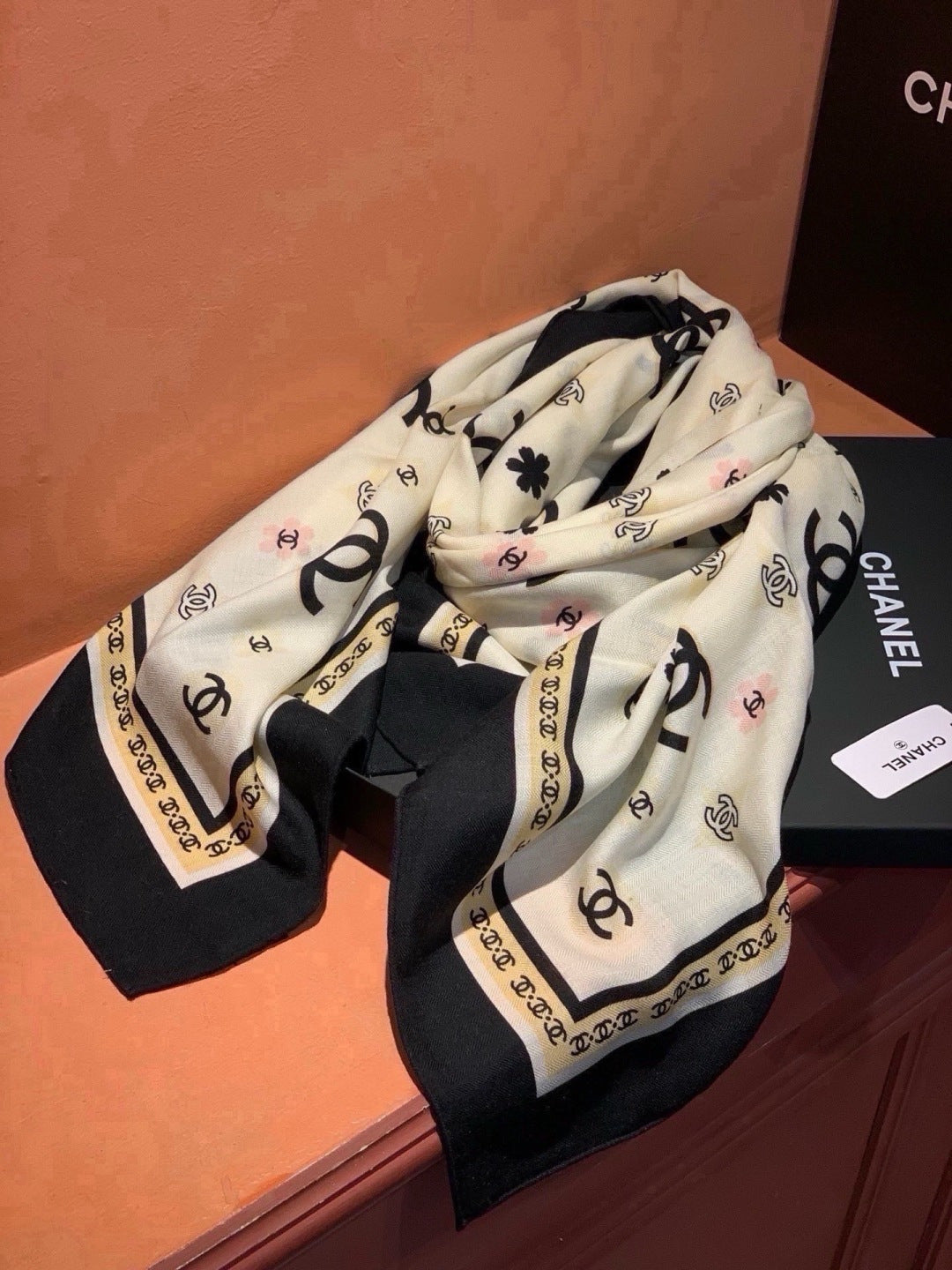 Chanel 2026 Floral Motifs Scarf 140cm Black White Silk 213754