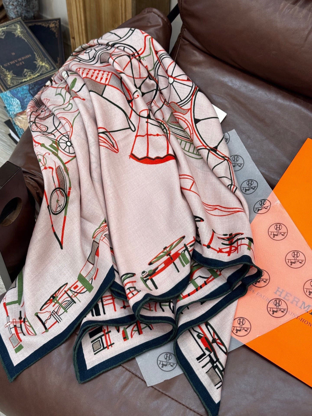 Hermès 2026 Complication Equestre Scarf 140cm Kaki Silk and Cashmere 218147
