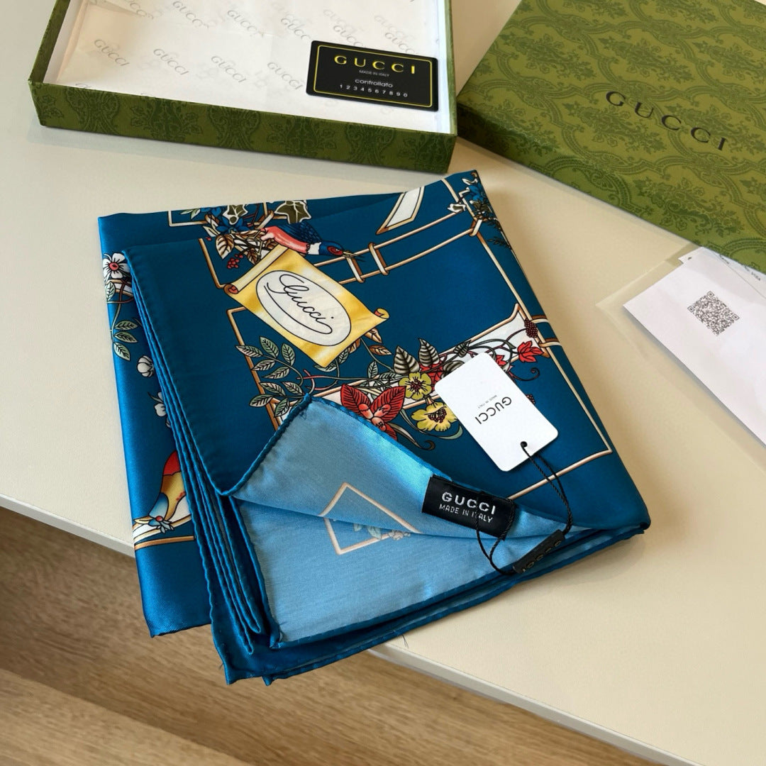 GG Signature Floral Scarf 90CM Blue Muticolor Twill Mulberry Silk 280659