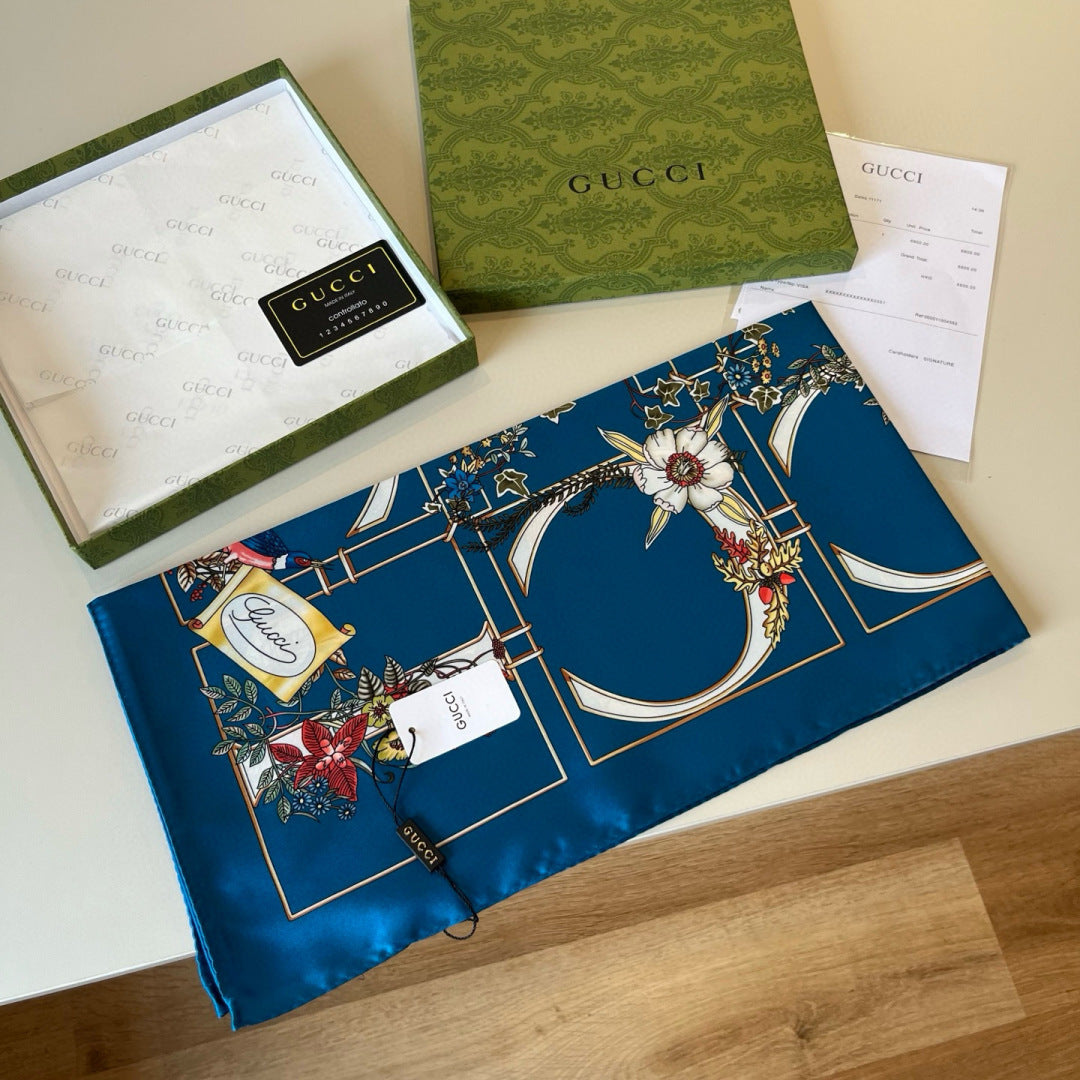 GG Signature Floral Scarf 90CM Blue Muticolor Twill Mulberry Silk 280659