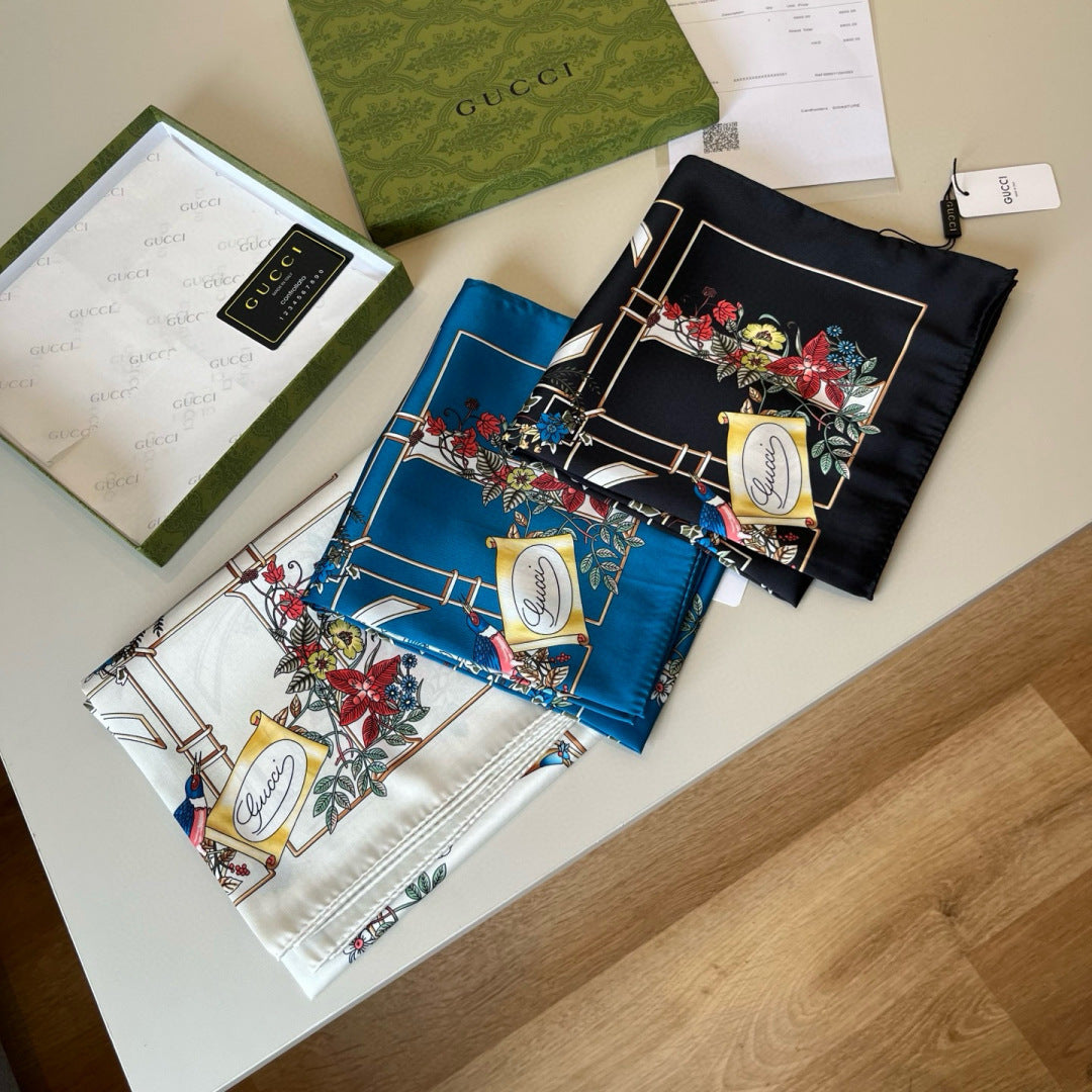 GG Signature Floral Scarf 90CM Blue Muticolor Twill Mulberry Silk 280659