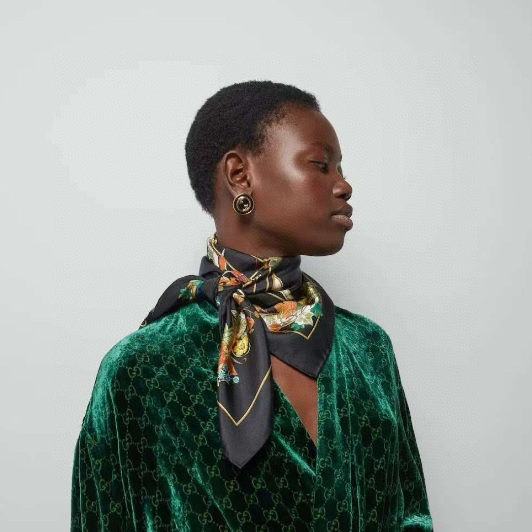 GG Signature Floral Scarf 90CM Black Muticolor Twill Mulberry Silk 280660