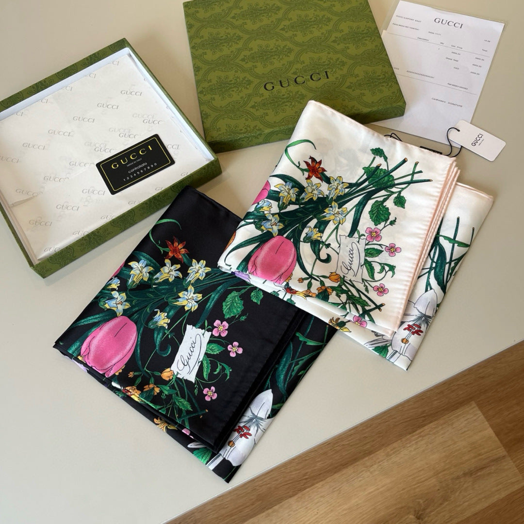 GG Scarf 90CM  White Multi-Colored Floral Mulberry Silk 286774