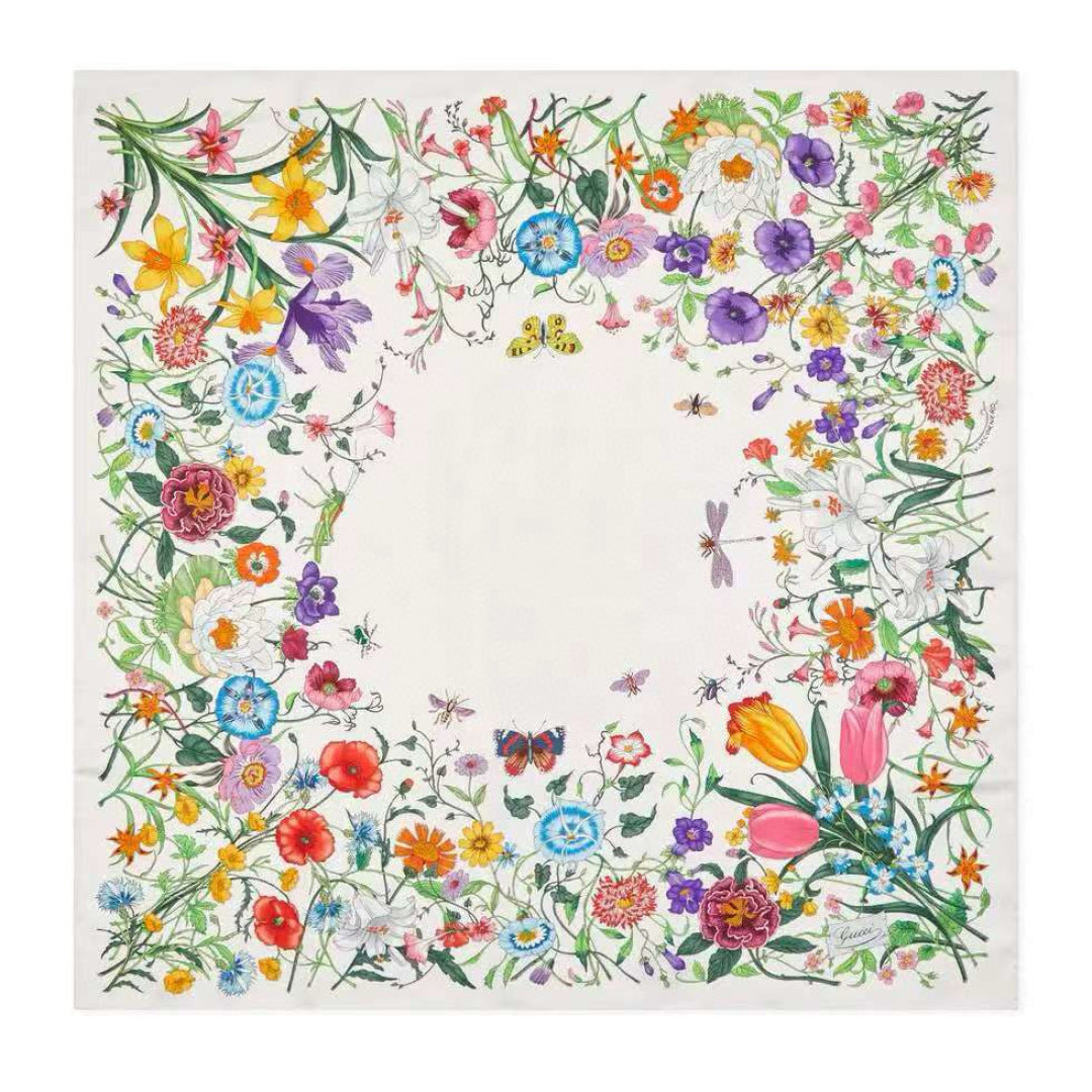 GG Scarf 90CM  White Multi-Colored Floral Mulberry Silk 286774