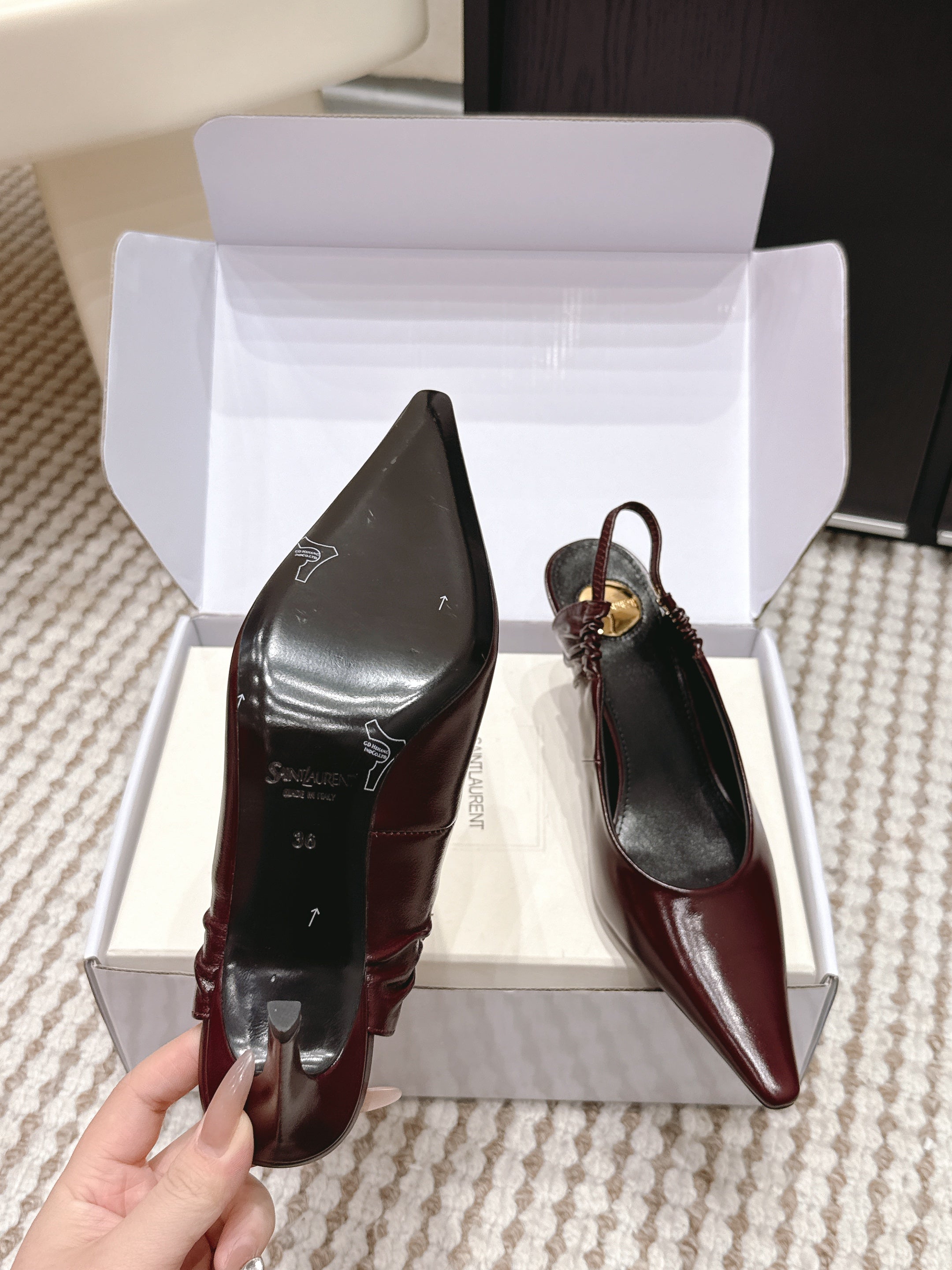 YSL 26ss Slingback 75 Burgundy Glossy Leather  654717