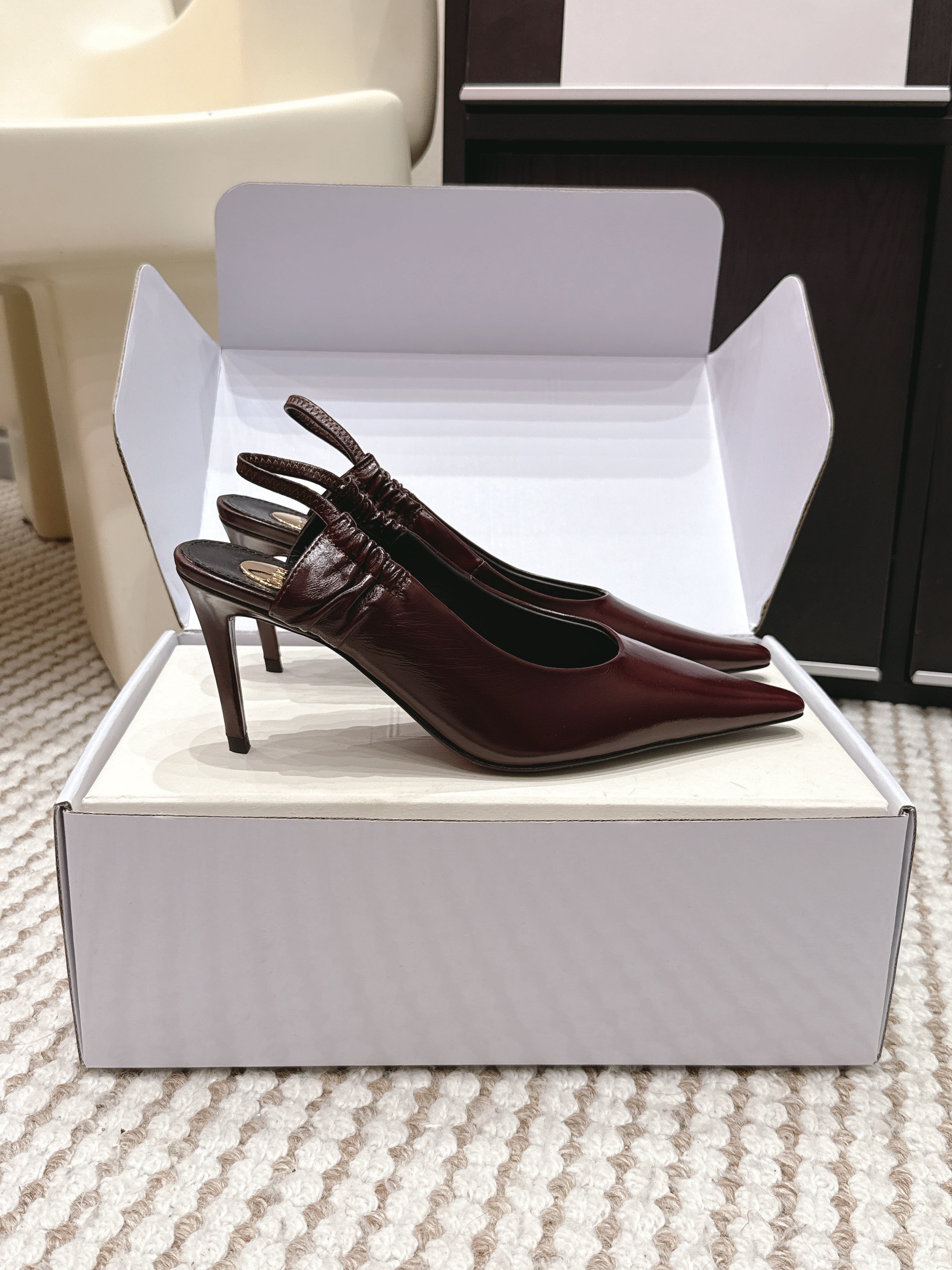 YSL 26ss Slingback 75 Burgundy Glossy Leather  654717