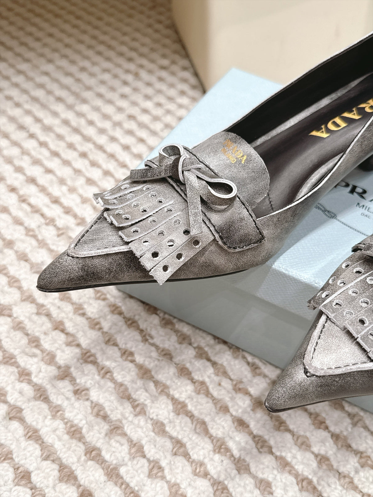Prada 2026 Kiltie Fringe Pointed Toe Shoe 55mm Leather 173940
