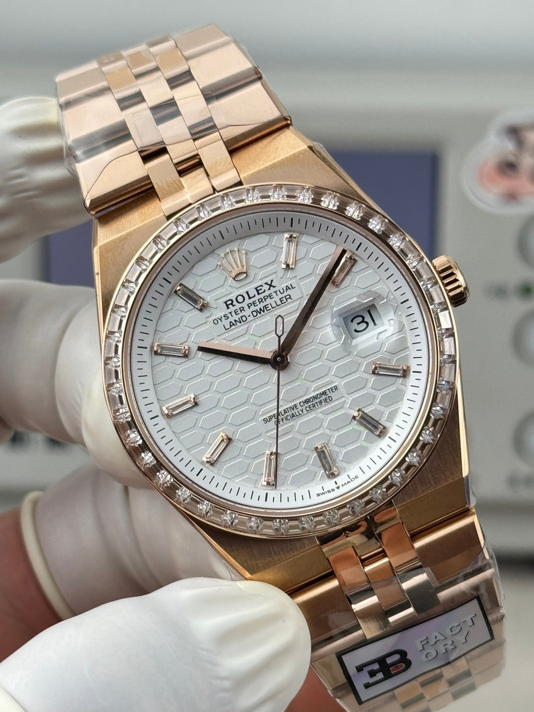 Rolex Land-Dweller Pink Gold White Dial Diamond Bezel