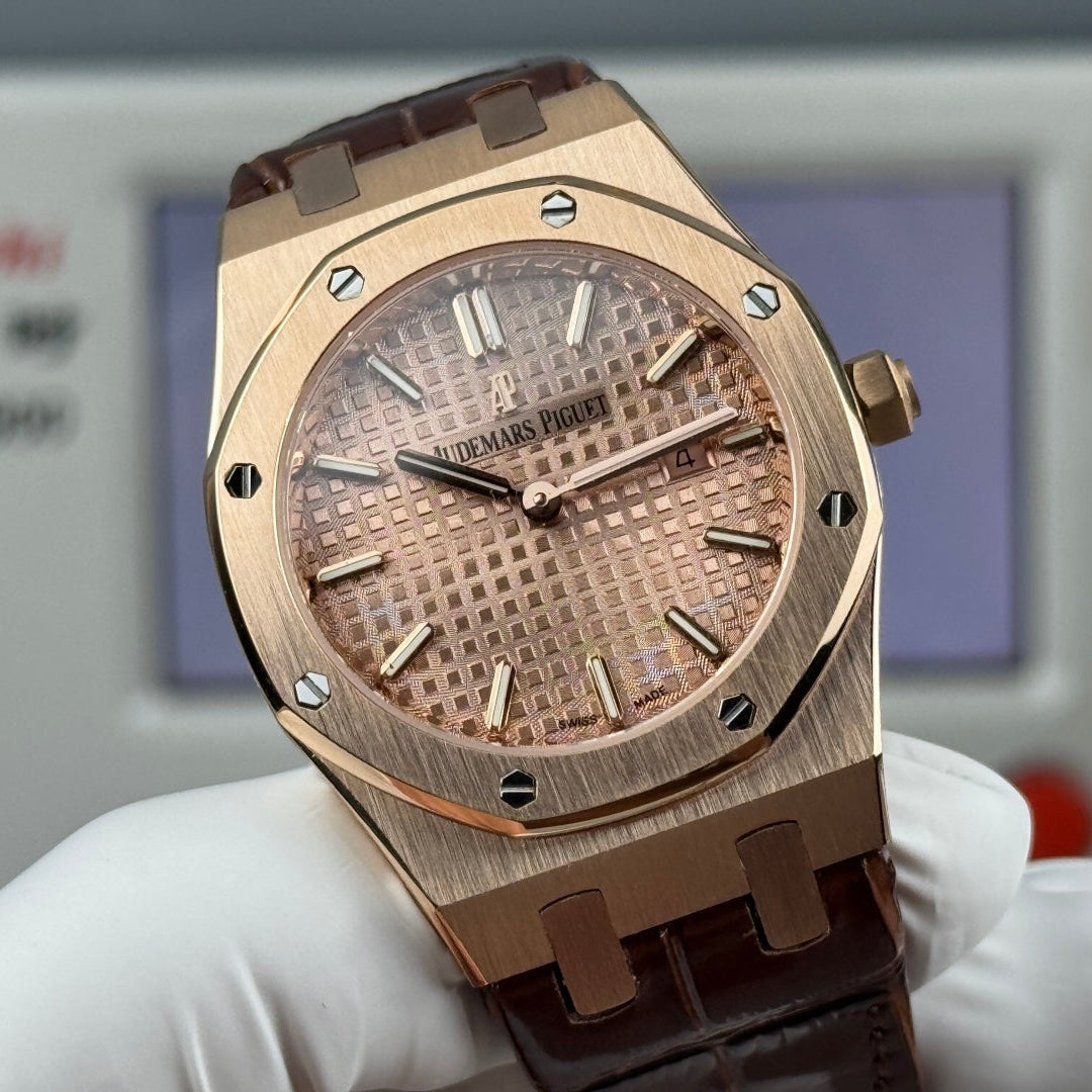Audemars Piguet Royal 33mm Pink Gold Dial Brown Crocodile Leather