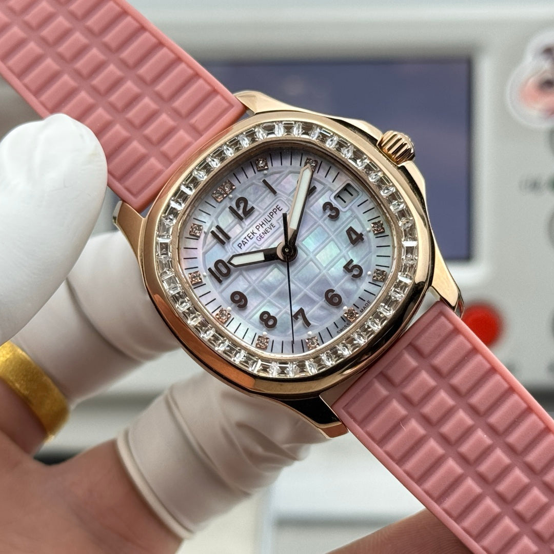 Patek Philippe Aquanaut 36mm Pink Gold Case Diamond Dial Pink Rubber Strap
