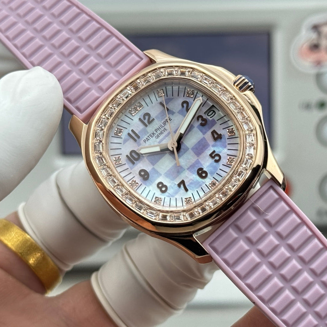 Patek Philippe Aquanaut 36mm Pink Gold Case Diamond Dial Light Purple Rubber Strap