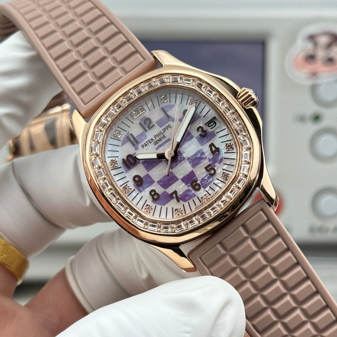 Patek Philippe Aquanaut 36mm Pink Gold Case Diamond Dial Nude Rubber Strap