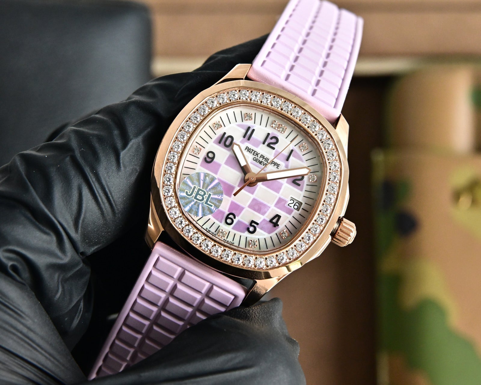 Patek Philippe Aquanaut 35.6mm Rose Gold Case Pink Strap Watch