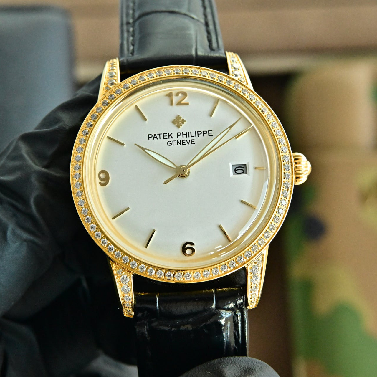 Patek Philippe Calatrava 40mm Diamond Benzel White Dial Black Strap