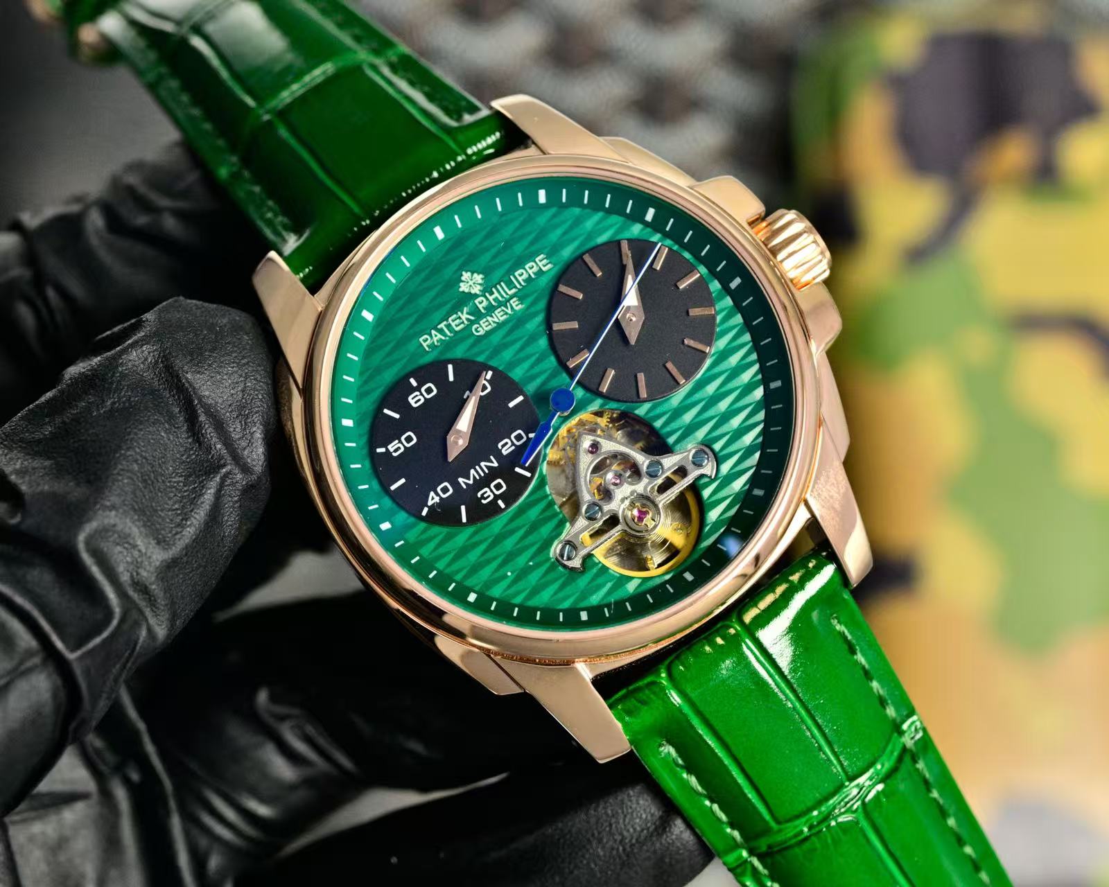 Patek Philippe Double Tourbillon Green Dial 42mm Watch Rose Gold Case