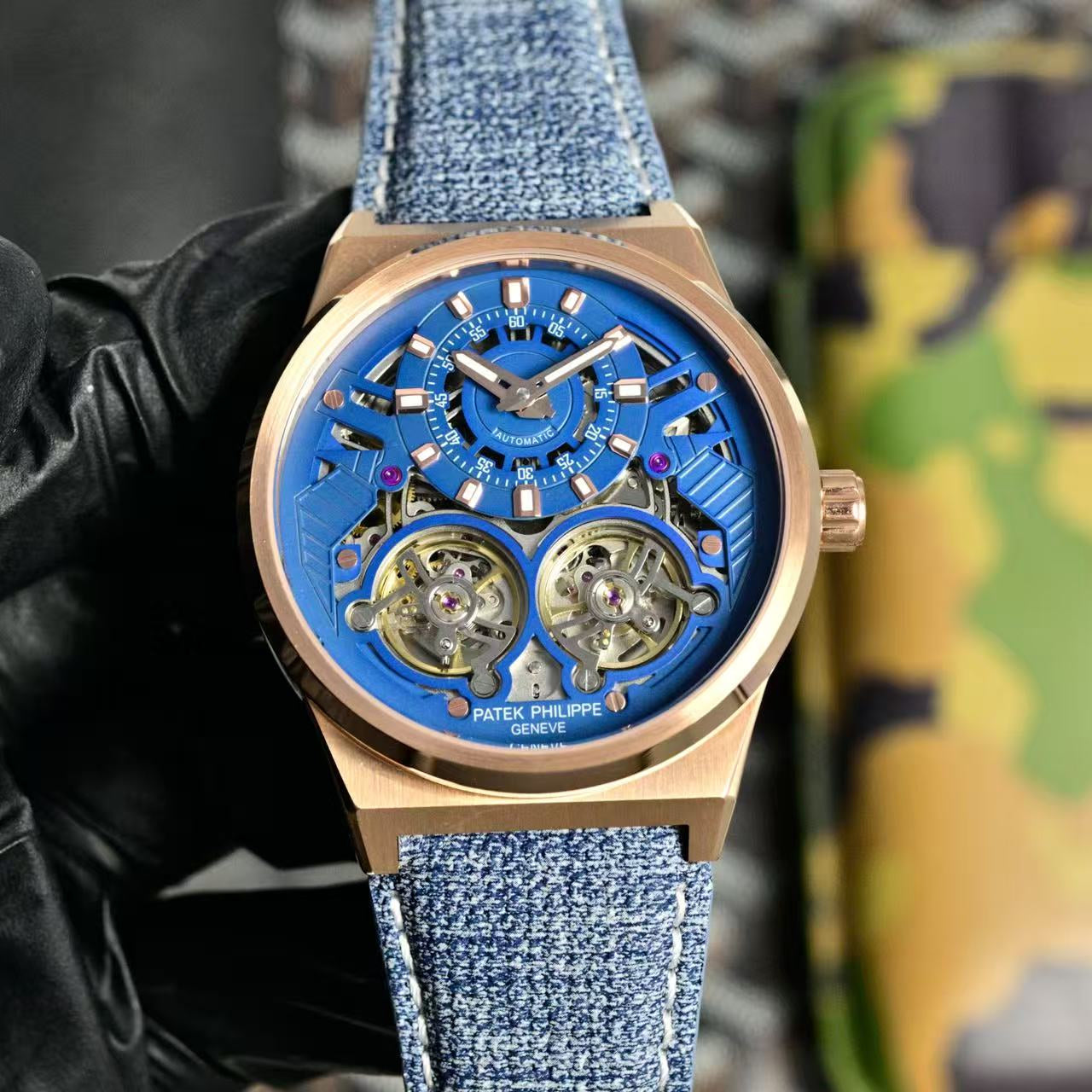 Patek Philippe Double Tourbillon Blue Skeleton Dial 44mm Watch Denim Strap