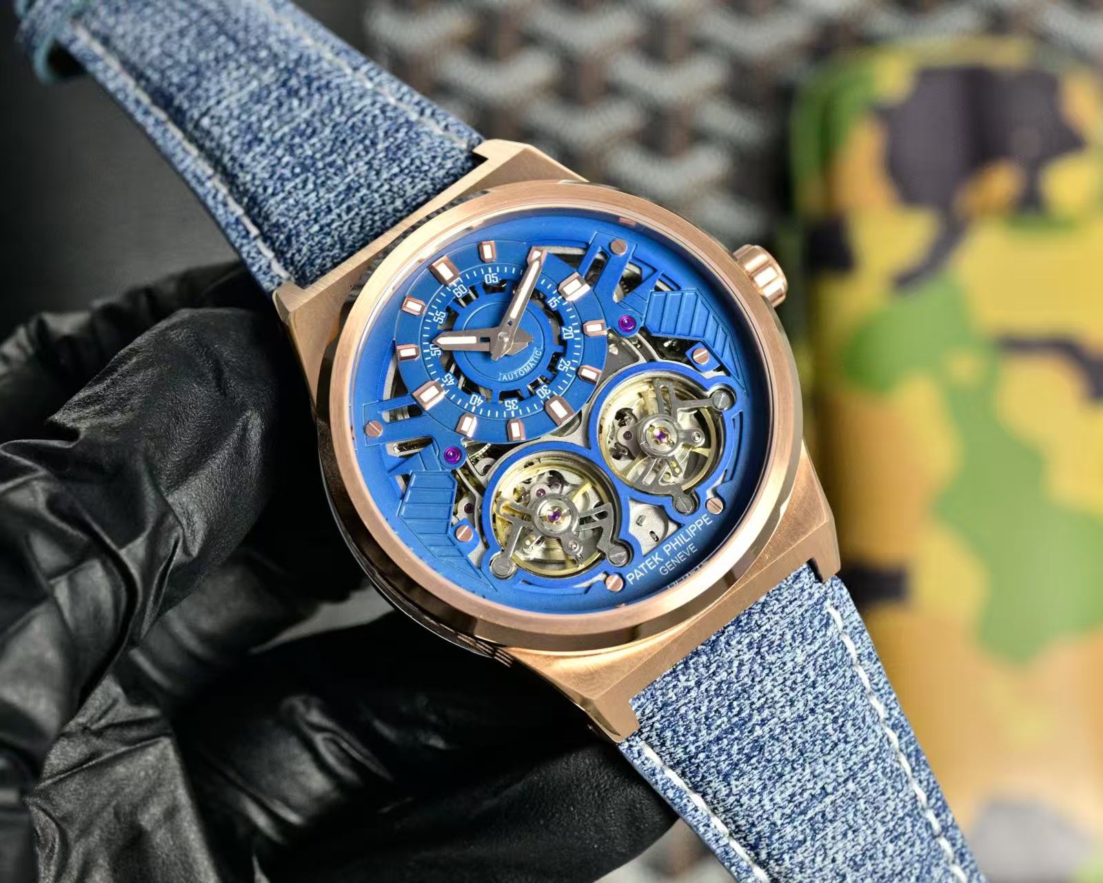Patek Philippe Double Tourbillon Blue Skeleton Dial 44mm Watch Denim Strap
