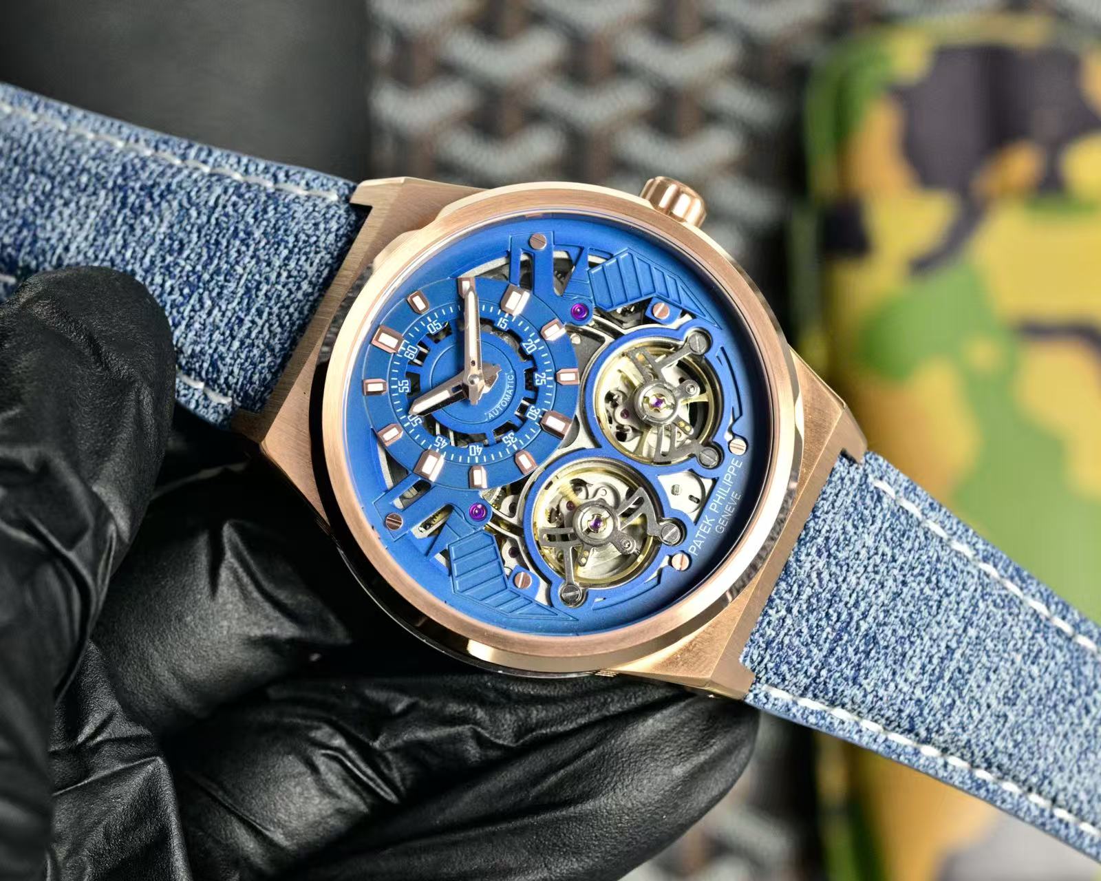 Patek Philippe Double Tourbillon Blue Skeleton Dial 44mm Watch Denim Strap