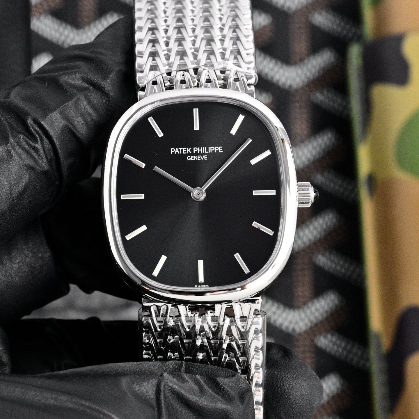 Patek Philippe Golden Ellipse 27mm Black Dial Steel Strap