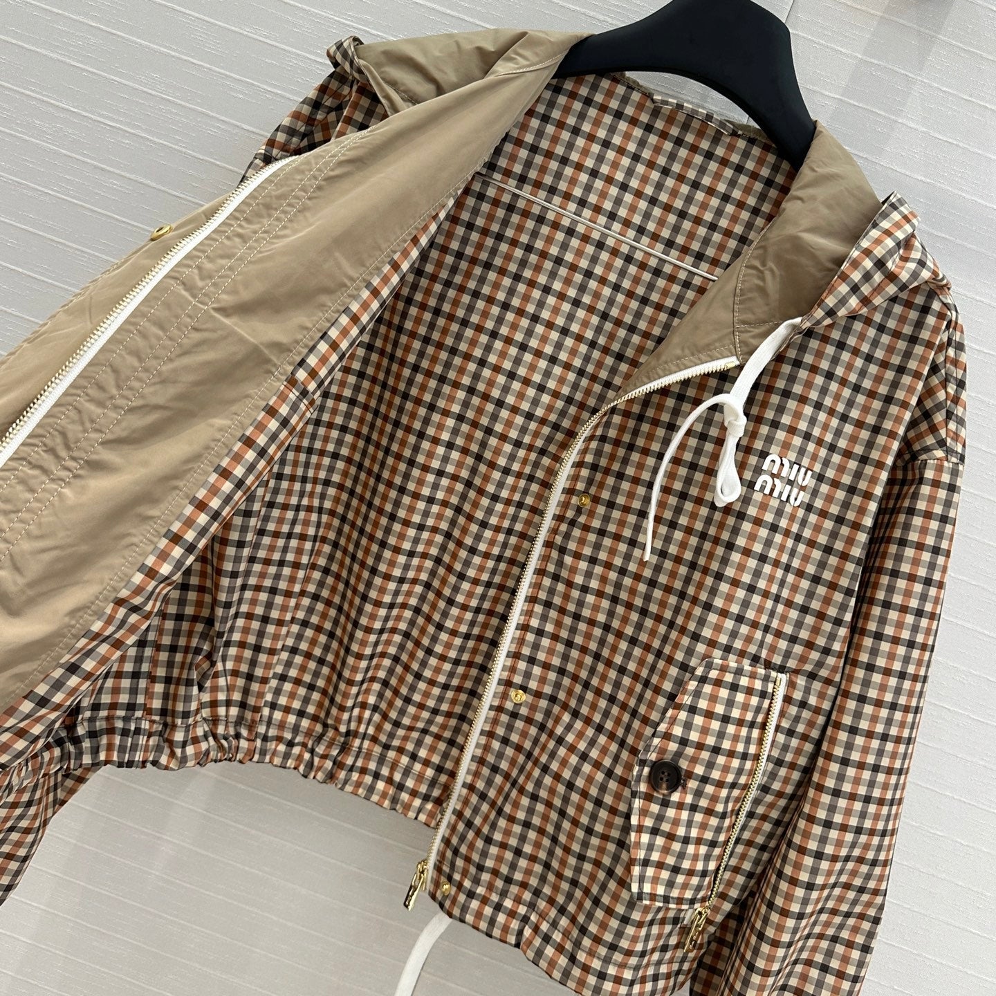 Miu Miu Pattern Hooded Jacket Beige Brown Polyester