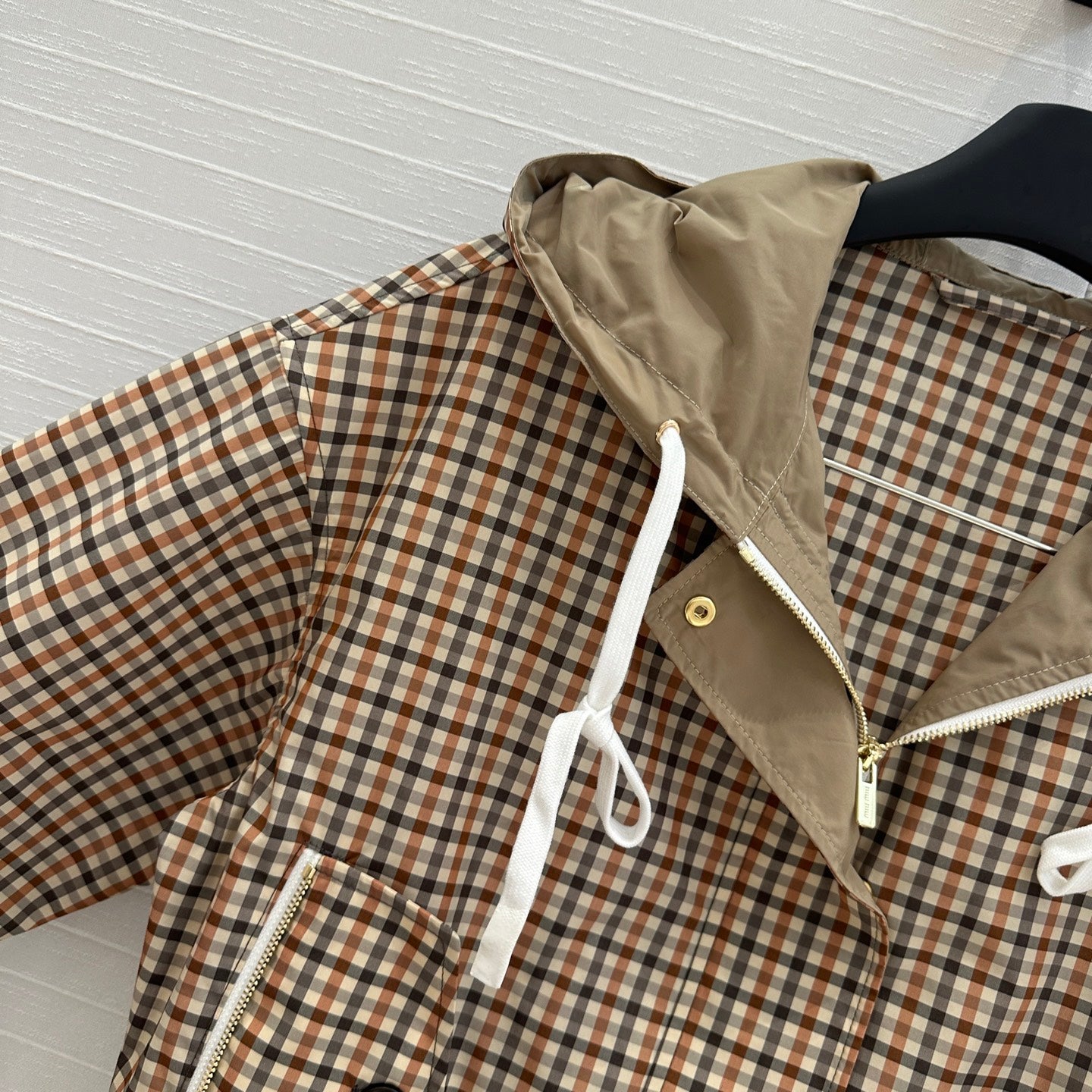 Miu Miu Pattern Hooded Jacket Beige Brown Polyester