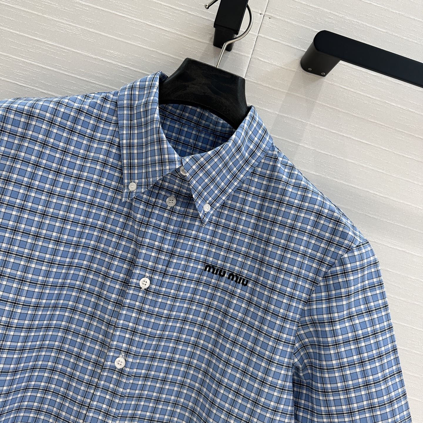 Miu Miu Plaid Pleated Shirt Dress Blue Cotton