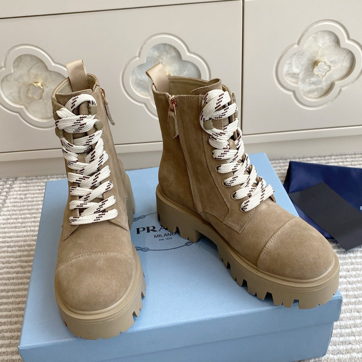 Prada 25 Martin Boot Beige Suede Cowhide 501439